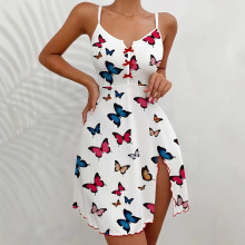 TEMU专供吊带睡裙彩蝴蝶印花开叉裙跨境欧美性感亚马逊新款家居服