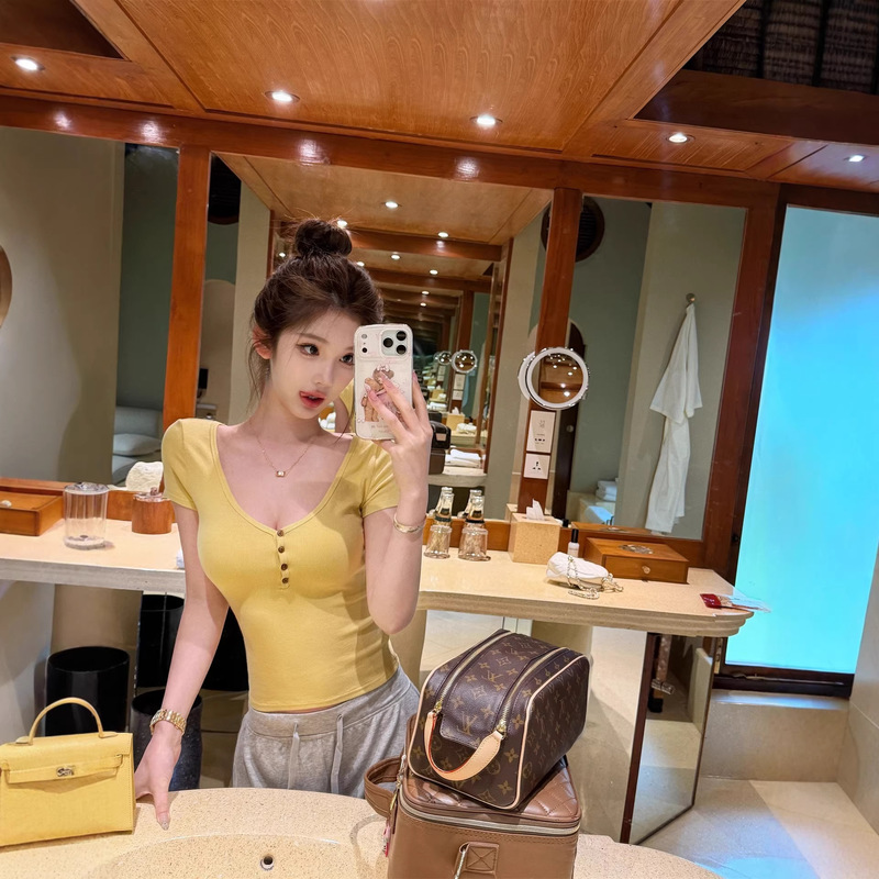 High-Elastic Ribbed Knit Short-Sleeve T-Shirt for Women, Summer New Slim-Fit Low V-Neck Short Top, Trendy Pure Desire Style