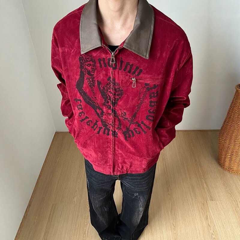 2026 early autumn new style vintage suede lapel jacket, short distressed cross-print silhouette coat, trendy 2026 early autumn new style vintage suede lapel jacket, short distressed cross-print silhouette coat, trendy