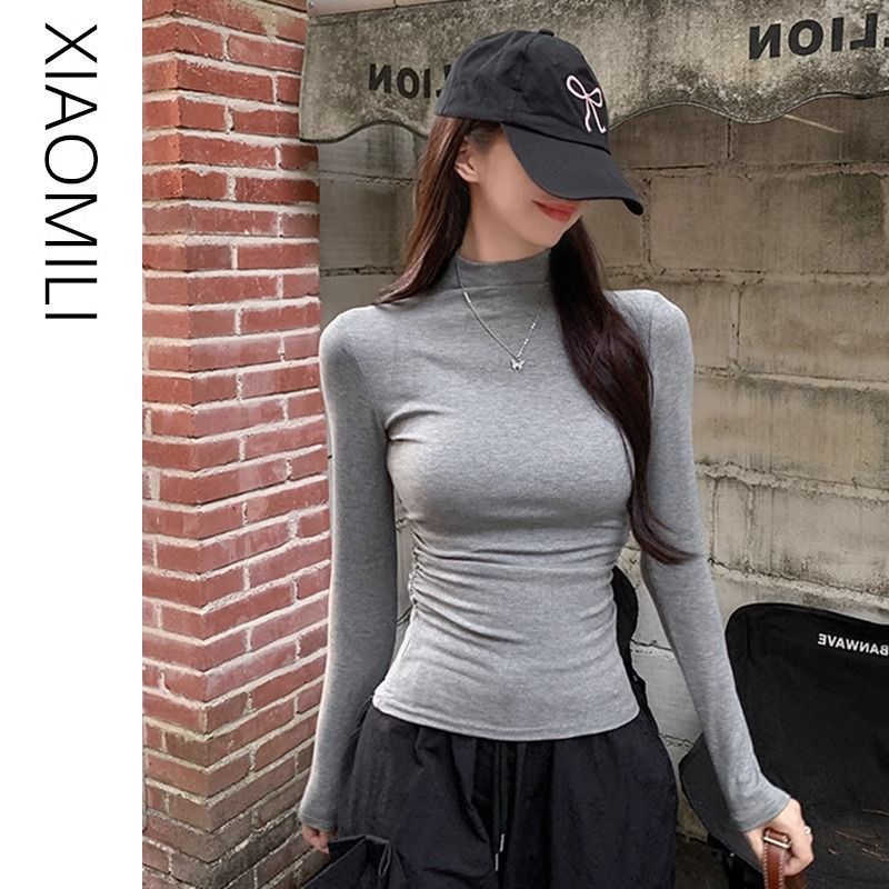 여성용 하프 터틀넥 긴팔 티셔츠, 초가을 디자인, 주름 슬림핏 탑, 슬림하고 우아한 기질