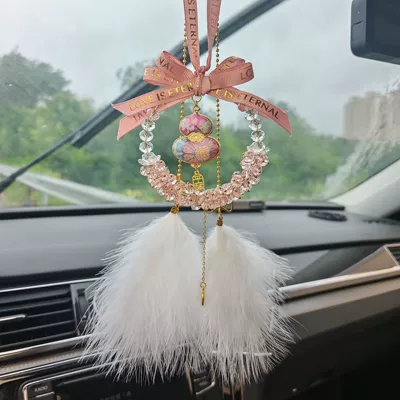 Car hanging | gourd car hanging rearview - pink-crystal-pink-embroidered-gourd-pendant-feather