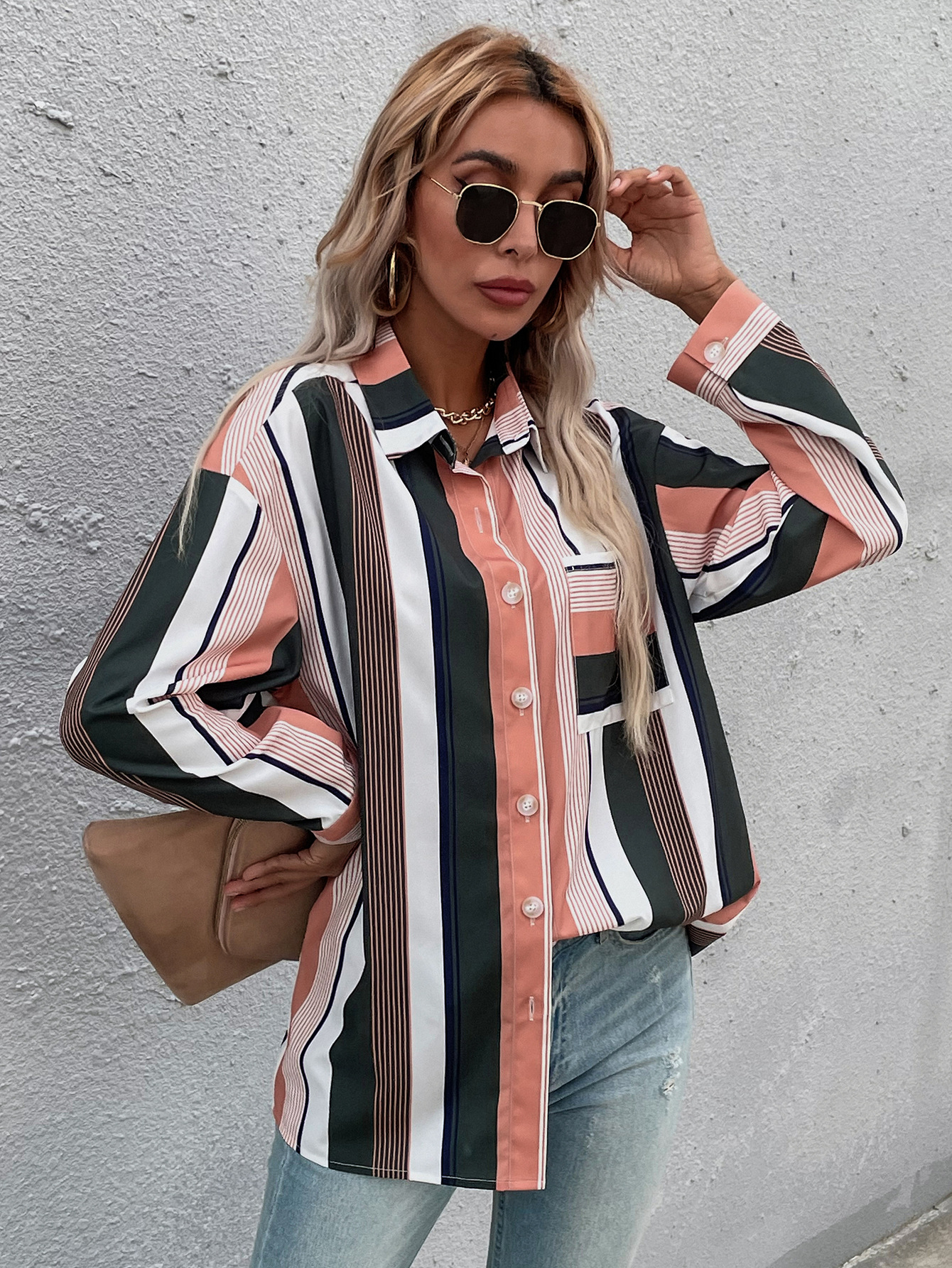 women s loose striped long-sleeved shirt nihaostyles clothing wholesale NSJM73344