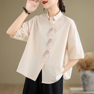 2024 Summer New Arrival plus size Loose Fashionable Casual Shirt Embroidered Irregular Short-Sleeved Japanese Niche Shirt for Women