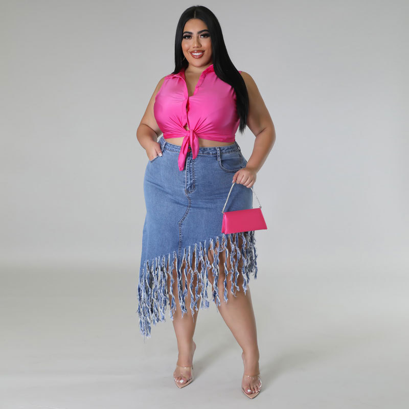 Gonna di jeans da donna taglie forti con nappine, nuova moda primaverile per la donna._voghion.com
