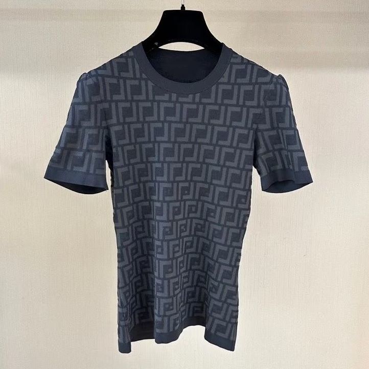 Gray vintage pattern all-over printed knitted short-sleeve women's summer new round-neck slim-fit light luxury trendy fashion versatile top