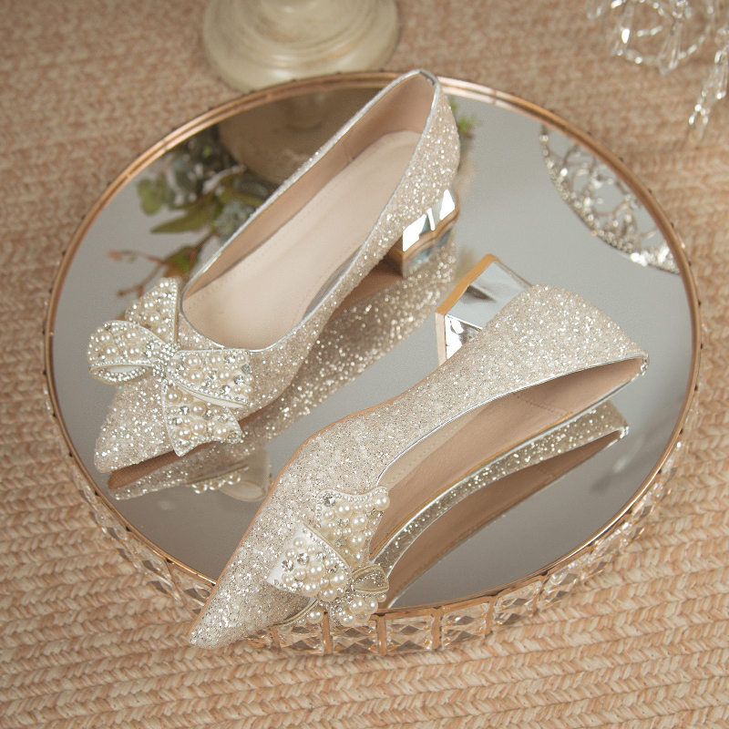 Flat Thick-Heeled High-Heeled Shoes, Wedding Shoes, Bridal Shoes, Wedding Dress, Two-Wear Wedding Crystal Shoes, Medium Heels for Pregnant Women, Not Tiring for Feet