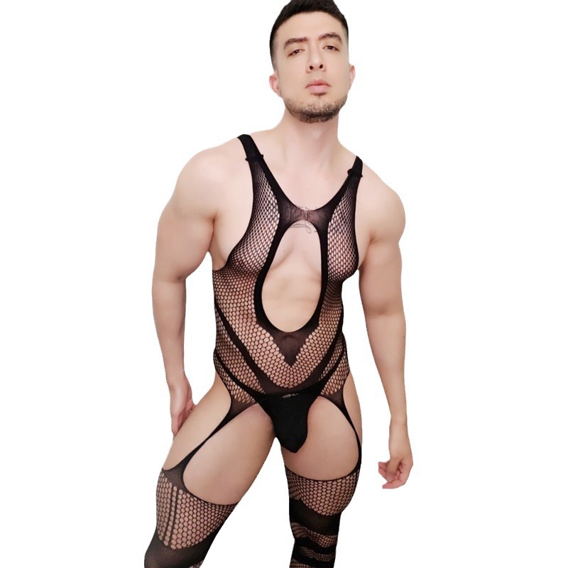 男性ストッキング高弾性メッシュストッキング男性オープンクロッチボディスーツストッキングノースリーブ中空透明ワンピースメッシュストッキング