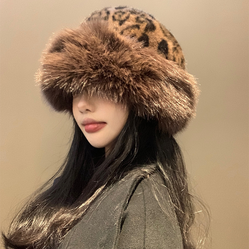 2025豹纹保暖毛绒帽子女2024年秋多季复古加厚防赛显脸小护耳渔夫|undefined