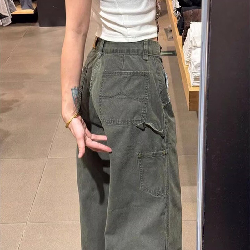 Gray Wide-Leg Denim Cargo Pants for Women, Autumn Season, Plus-Size, Pear-Shaped Body, Loose Fit, Slimming, Drapey Straight-Leg Pants Gray Wide-Leg Denim Cargo Pants for Women, Autumn Season, Plus-Size, Pear-Shaped Body, Loose Fit, Slimming, Drapey Straight-Leg Pants