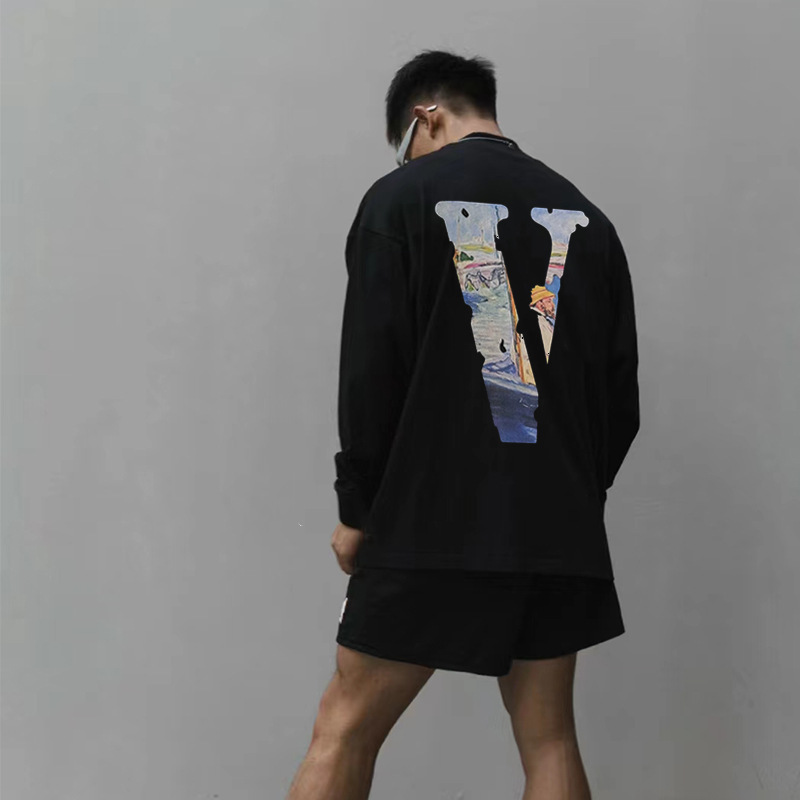 VLONE LAVER Oil Painting Monet Big V Niche Trendy Brand American Loose Couple Long Sleeve T-Shirt Base Shirt for Men and Women