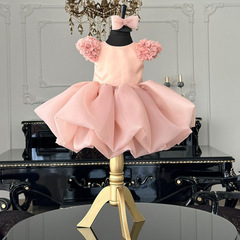 女寶寶一周歲禮服2024新款生日兒童甜美可愛花朵粉色蓬蓬公主裙子