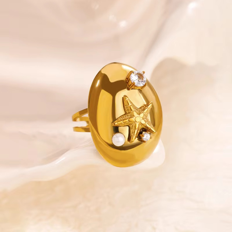 1 Piece Quantity Holiday, Banquet, Selfie Occasion 304 Stainless Steel Material Starfish, Shell Pattern PVD Coated Real Gold Plated Starfish Shell 304 Stainless Steel Elegant Lady Waterproof Non Tarnish Open Rings