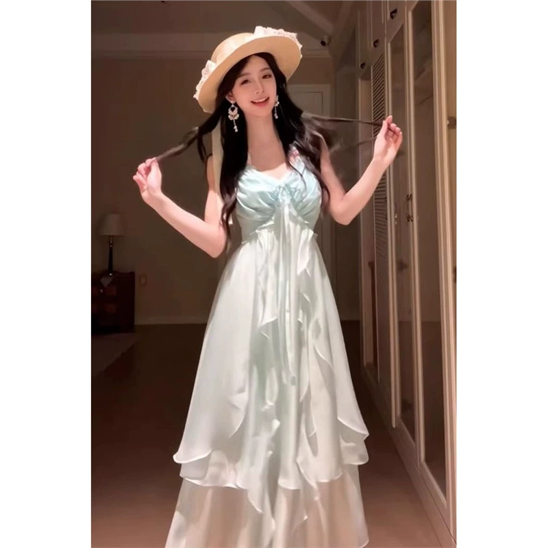 Летняя атмосфера, стиль отпуска, мятный мамбо, дофамин, одежда на подтяжках, длинная юбка, женское морское платье в стиле чистой страсти