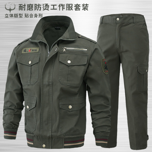 Cotton washed twill work and training suit men's wear-resistant labor protection work clothes outdoor training clothing wholesale multi-pocket