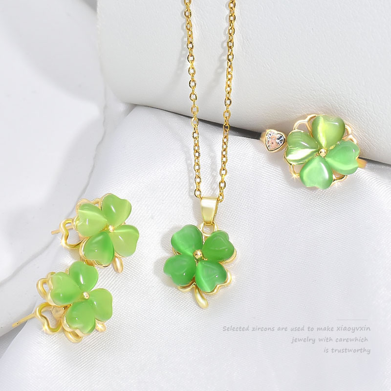 Rotatable Green Four-Leaf Clover Necklace for Women, Light Luxury, Simple and Versatile Cat's Eye Love Set, Douyin Kuaishou Supply