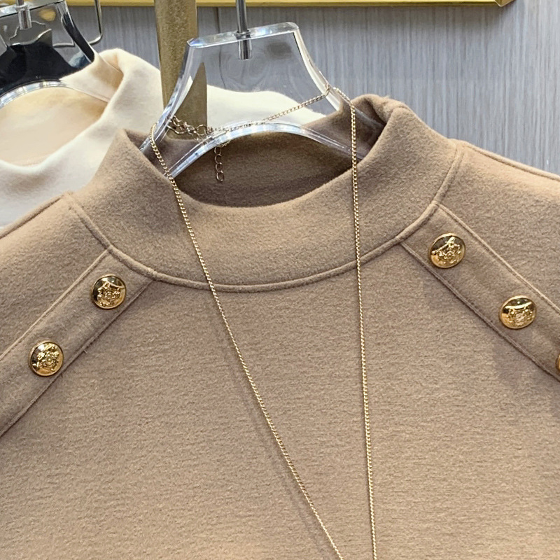 Camisa de fondo de terciopelo alemán con cuello medio alto para mujer 2024 nuevo estilo de otoño e invierno que se puede usar en el exterior, top de diseño de estilo occidental delgado image 5