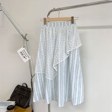 复古文艺蕾丝蓝色条纹半身裙女秋季小个子松紧高腰A字中长款裙子