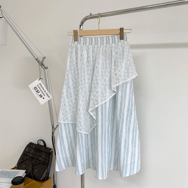复古文艺蕾丝蓝色条纹半身裙女秋季小个子松紧高腰A字中长款裙子