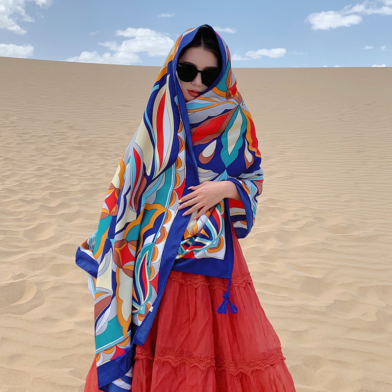 2023 nuevo Dunhuang desierto juego foto bufanda estilo étnico colorido gran flor bufanda exterior protección solar para las mujeres