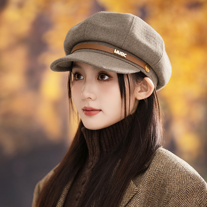 新款显脸小平顶鸭舌帽英伦风秋冬女士鸭舌帽八角帽女贝雷报童帽子|undefined