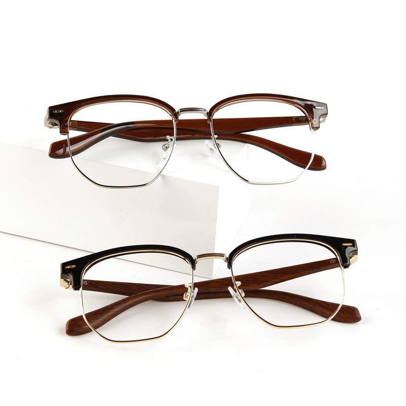 High-Definition Anti-Blue Light Reading Glasses for Middle-Aged and Elderly People, Half-Frame Eyebrow-Style Wooden Grain Temple Glasses, Wholesale from Manufacturer
