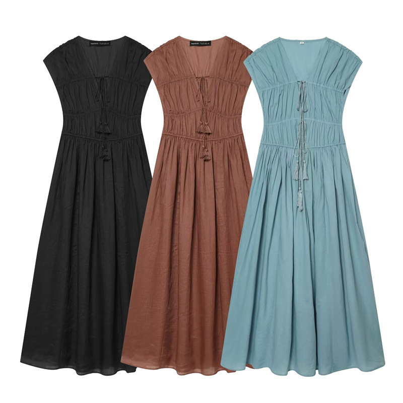 Cross-Border Foreign Trade European and American Style 2026 Summer New Women's Sleeveless V-Neck Drawstring Design Long Dress 1338226