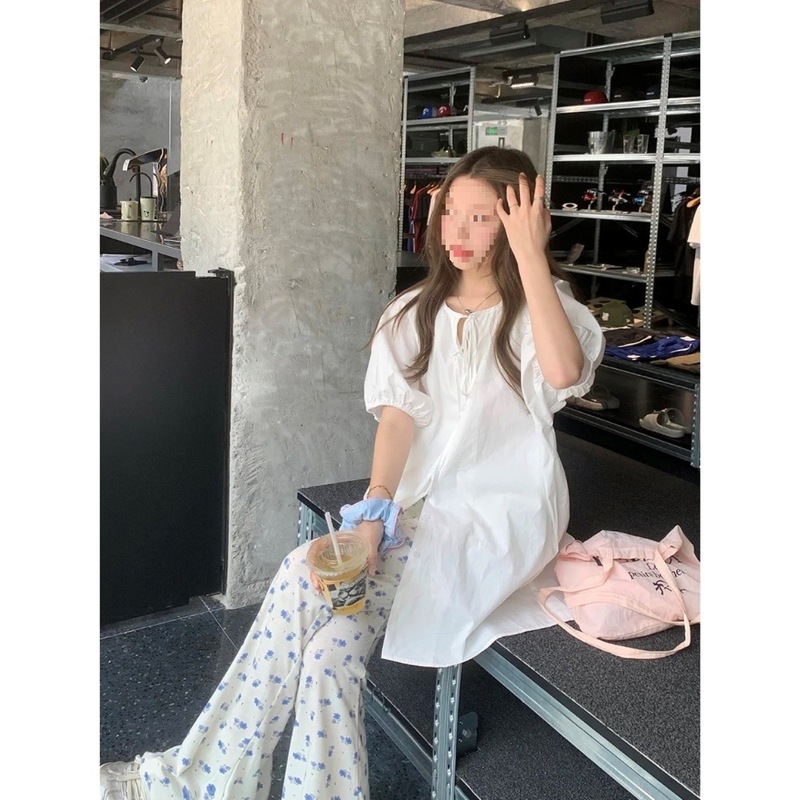毎日の良い女の子〜小さな新鮮な夏服ミドル丈ベビードールシャツパフスリーブニッチトップレースアップ半袖シャツ女性用|undefined