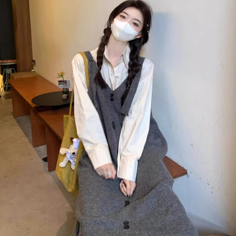 灰色针织背带裙连衣裙女秋冬装2025新款宽松中长款毛衣吊带裙外穿|undefined