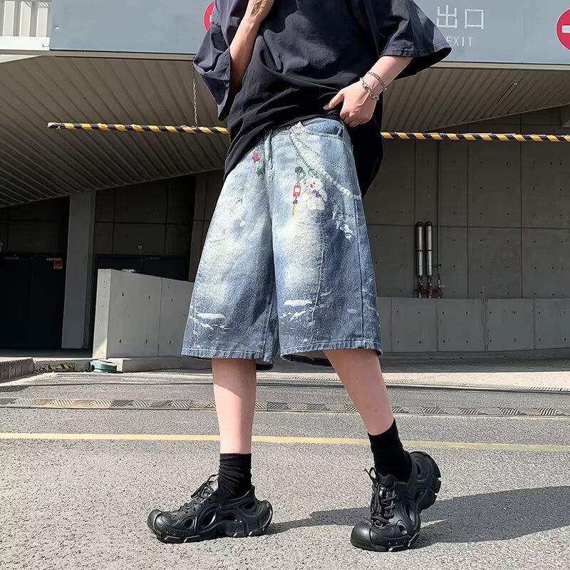 美式水洗做旧满印挂饰牛仔短裤男生复古vibe风宽松阔腿直筒五分裤