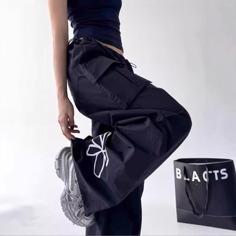アメリカンワークウェアワイドレッグパンツ女性用2025新しいホットスタイル夏巾着ハイウエストプリントデザインフロアレングスパンツトレンディ|undefined