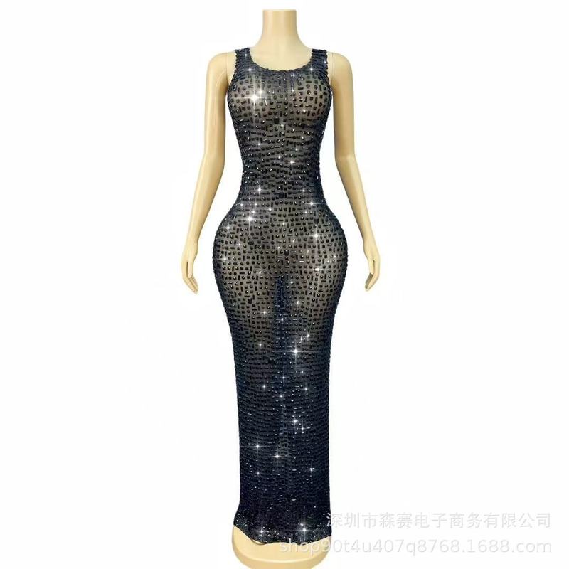 夏季新款晚礼服女长款钉钻修身显瘦舞会派对新娘结婚礼服连衣裙|undefined