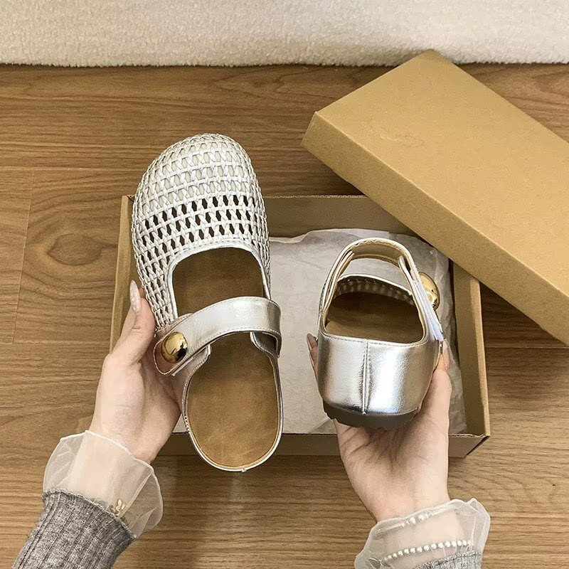Modas extranjeras plateadas tejidas a mano zapatos marizhen para mujeres 2026 verano nuevas zapatillas de cabeza de un pie de moda image 2
