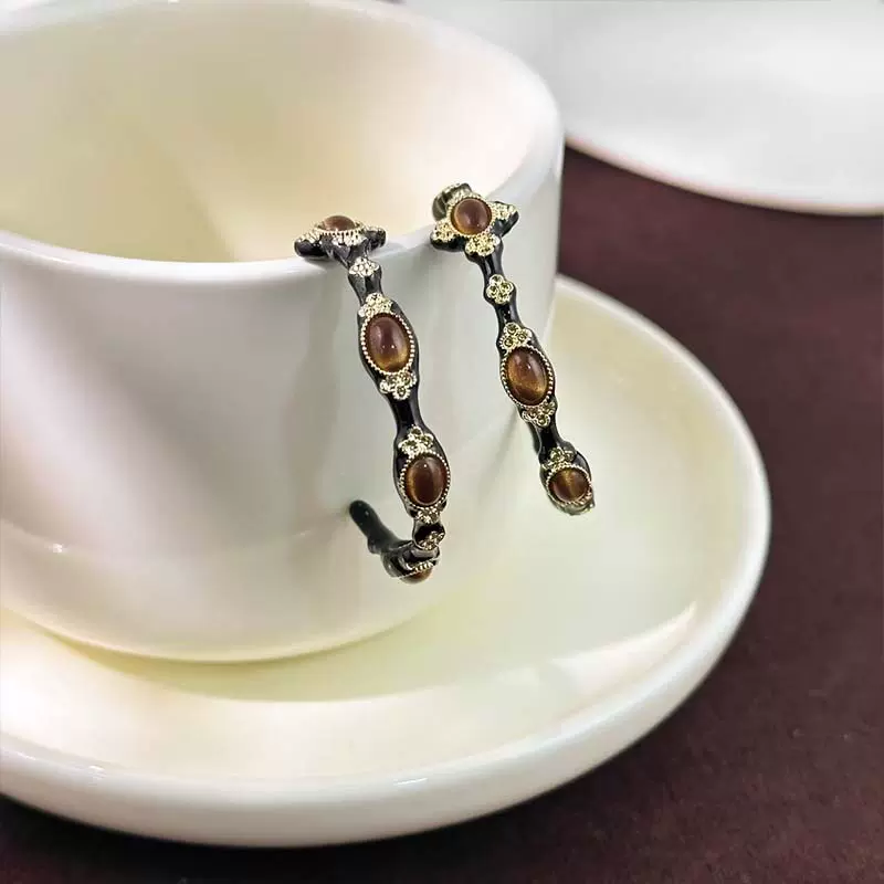 秋冬气质美拉德虎眼石微镶C圈耳环女独特耳夹中古耳饰设计感小众