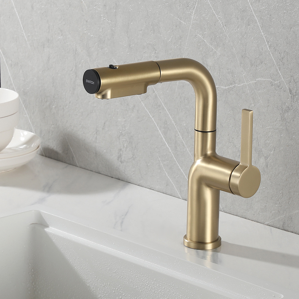 Brushed Gold Stainless Steel Pull-Out Basin Hot and Cold Faucet White Gun Gray Bathroom Faucet