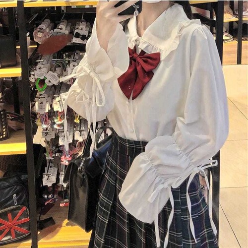 White Collared Shirt with Japanese Soft Girl Style Frill Collar, Long-Sleeved Women's Top for Early Autumn, Design-Oriented, Unique and Unconventional