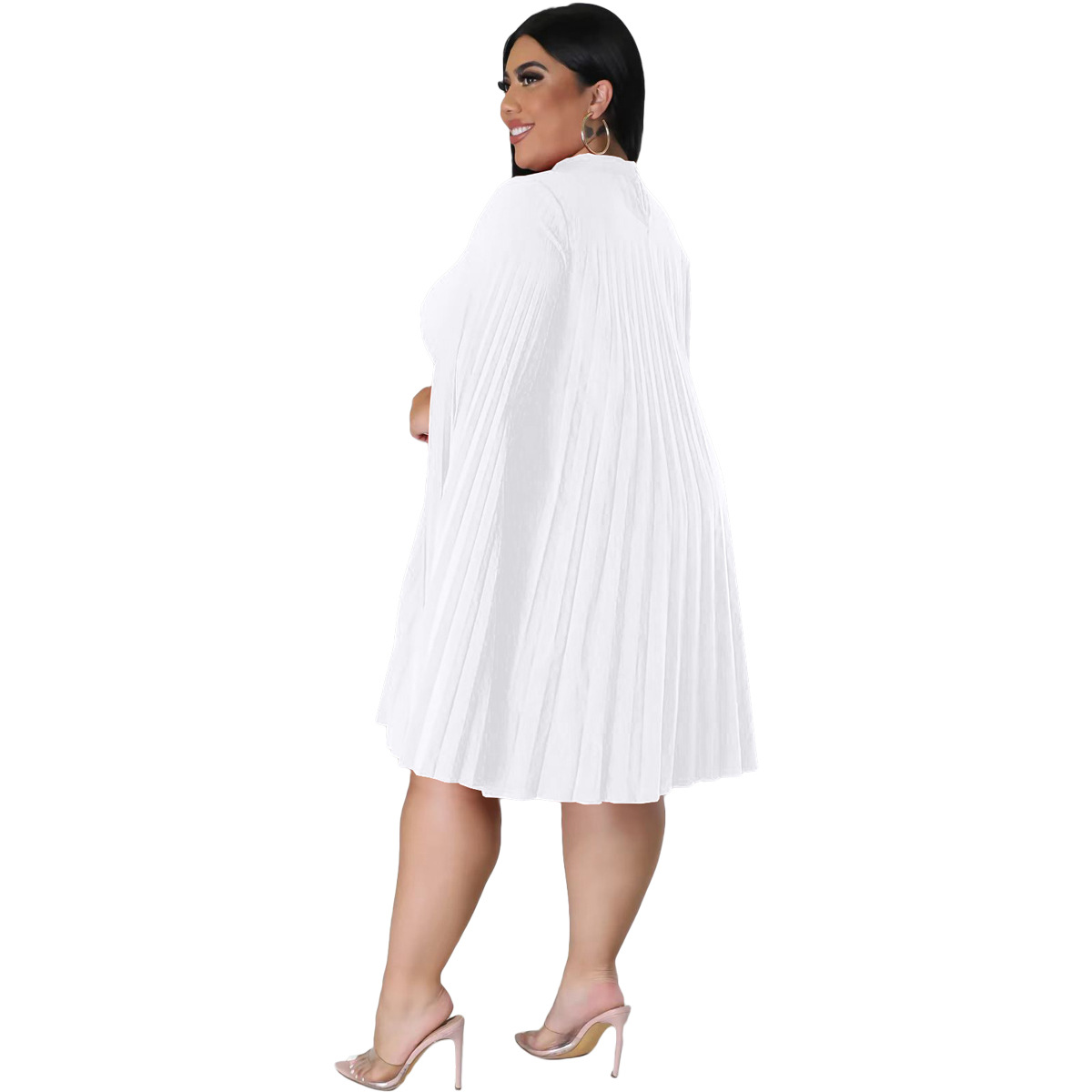 Fashion Solid Color Round Neck Long Sleeve Patchwork Polyester Plus Size Knee-Length Pleated Skirt