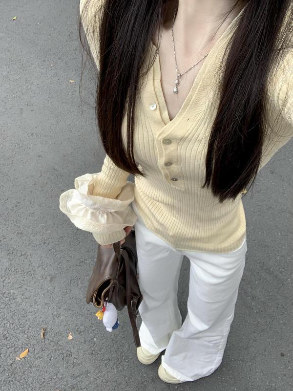 韩系早秋季黄色v领针织衫上衣女装2025新款修身显瘦收腰套头毛衣|undefined