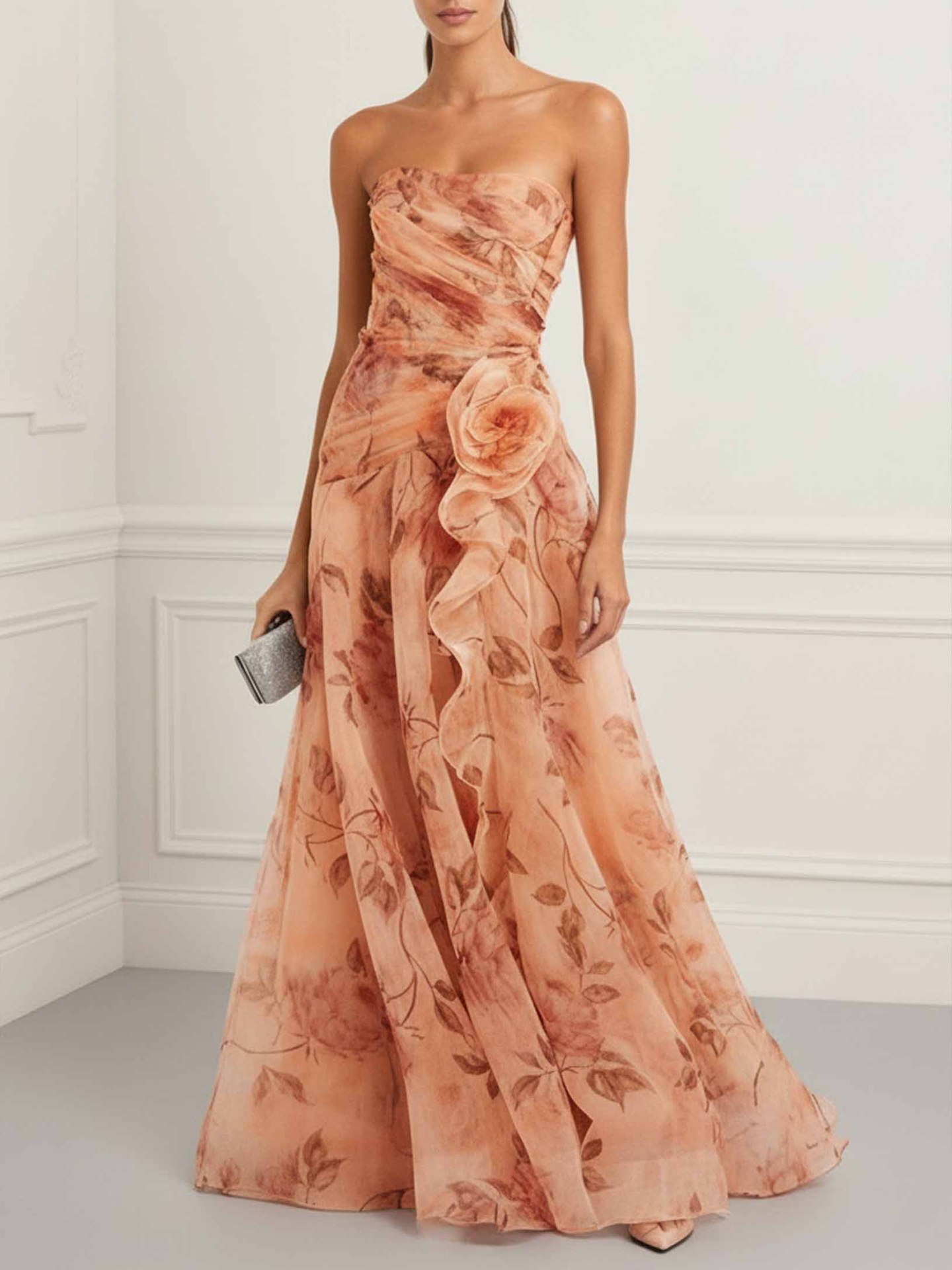 2026 European And American Cross-border Independent Site Party Elegant Ruched Strapless Printed Dress_ecoleips.com
