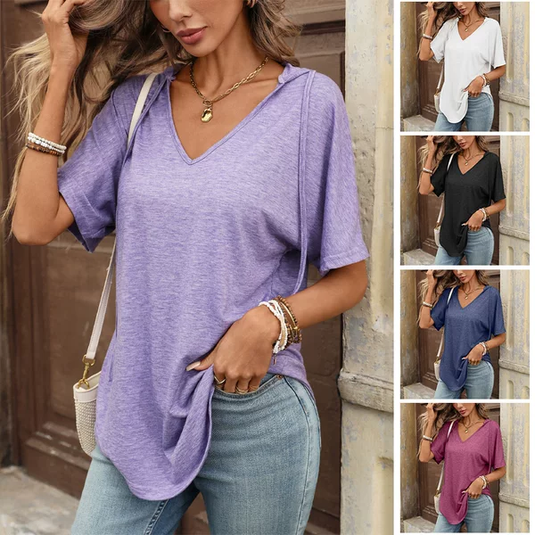 2026 Amazon European and American Cross-Border Foreign Trade Spring and Summer New Solid Color V-Neck Drawstring Hooded Women's Short-Sleeve T-Shirt in Stock