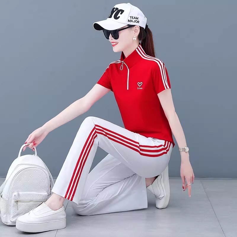 立领运动服套装女夏季薄款2025新款大码宽松冰丝短袖休闲时尚洋气|undefined