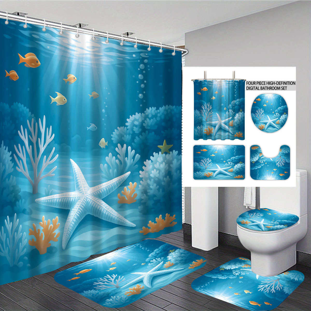Temu cortina de baño impermeable personalizada serie de elementos marinos 3D impresión poliéster cortina de baño de cuatro piezas fábrica image 15