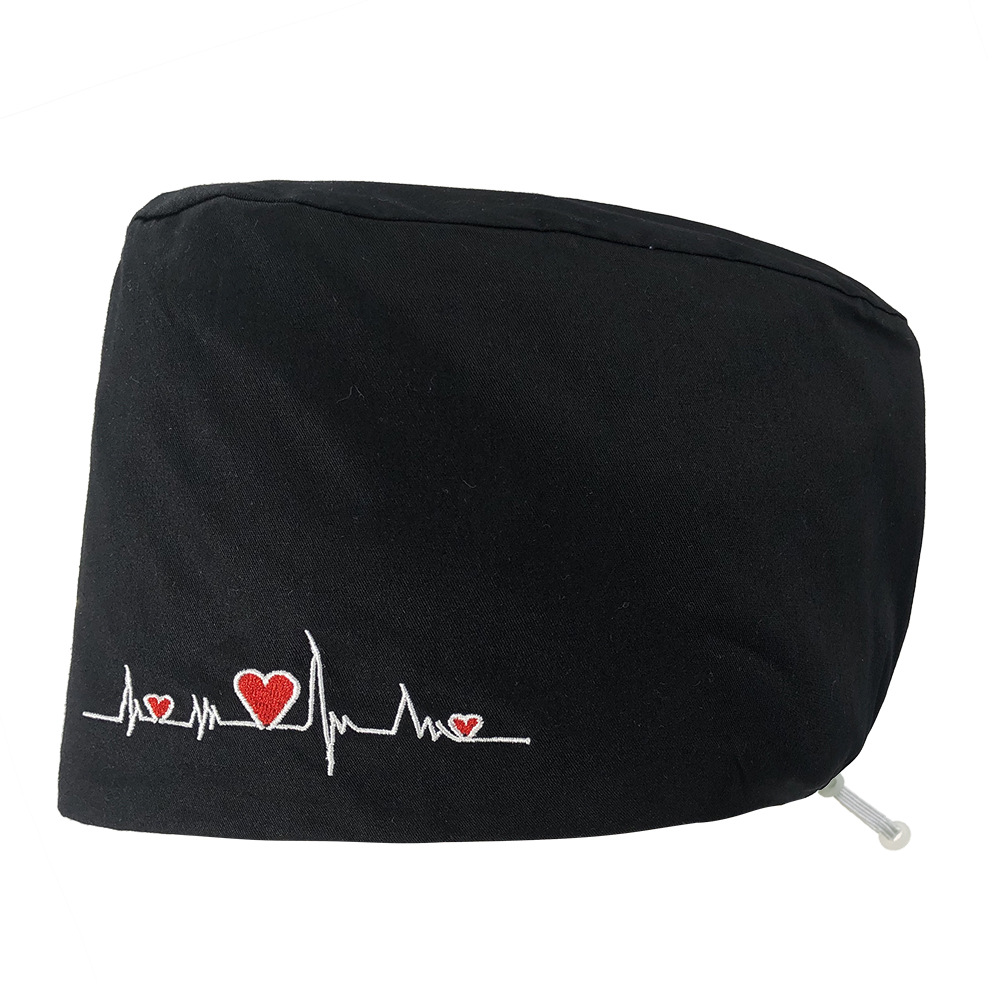 Gorro de enfermera con bordado de ECG de corazón, algodón puro, gorro de trabajo con bordado de color sólido, gorro simple para cabello largo, venta al por mayor.