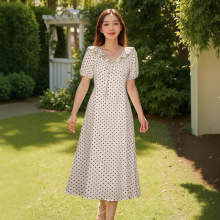 法式复古风波点连衣裙娃娃领系带短袖中长款仙女裙RA207052001
