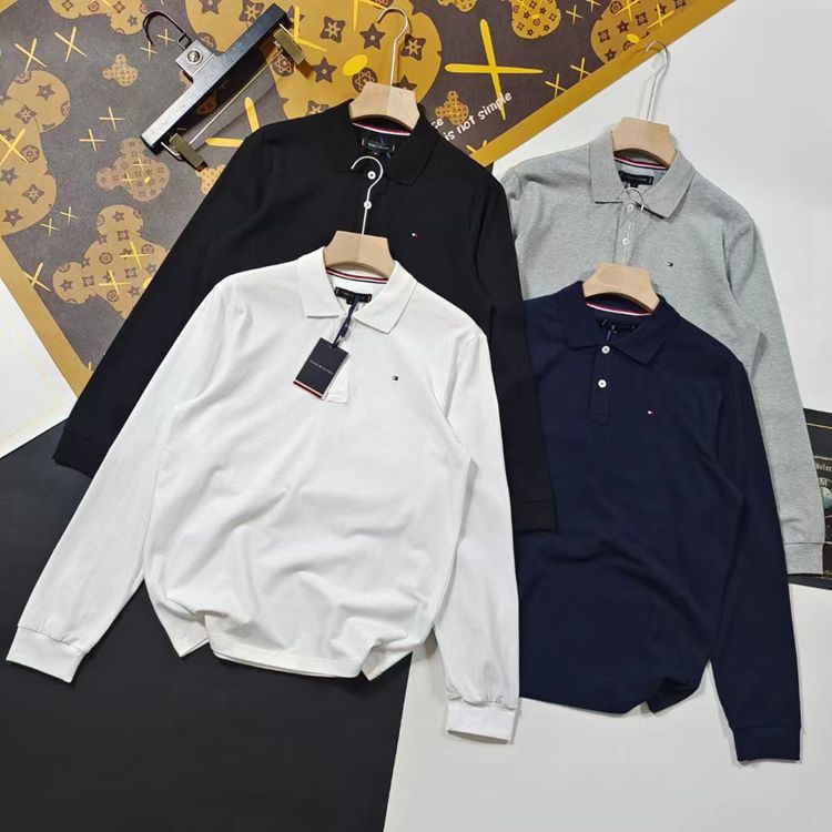 เสื้อโปโลทรงหลวมแขนยาวแบบสวมหัวปักสีพื้นของผู้ชายเสื้อสวมหัวลำลอง