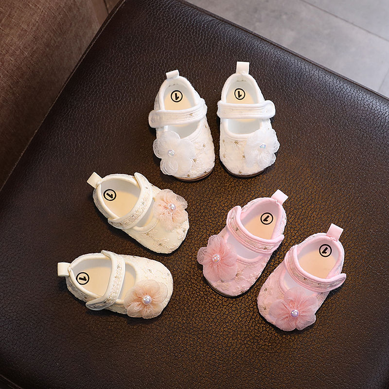 Baby Shoes for Girls, Pearl Flowers, Breathable Soft-Soled Toddler Shoes, Summer Non-Slip, Anti-Kick, Learning to Walk When Going Out, Anti-Falling