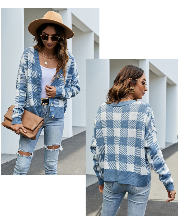 V-neck loose check long-sleeved knitted cardigan nihaostyles clothing wholesale NSYH86773