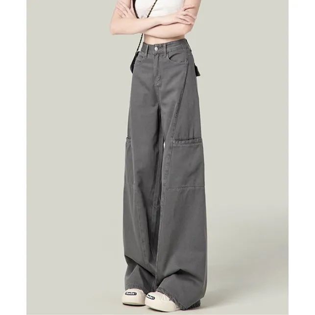 [Han Niu] Retro Gray Autum New Loose Slim Straight High Waist Casual Wide Leg Work Jeans for Women