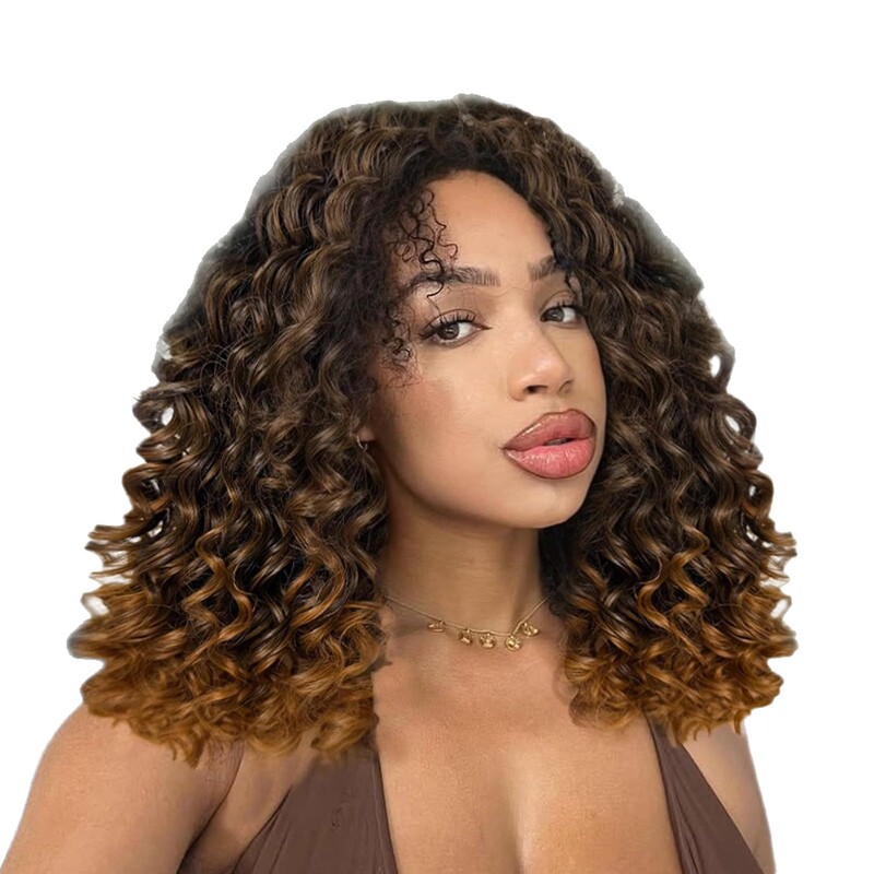 Drawstring Wig 14inch Water Ripple Women's Gradient Brown Mixed Blonde Highlight Short Glueless Wig