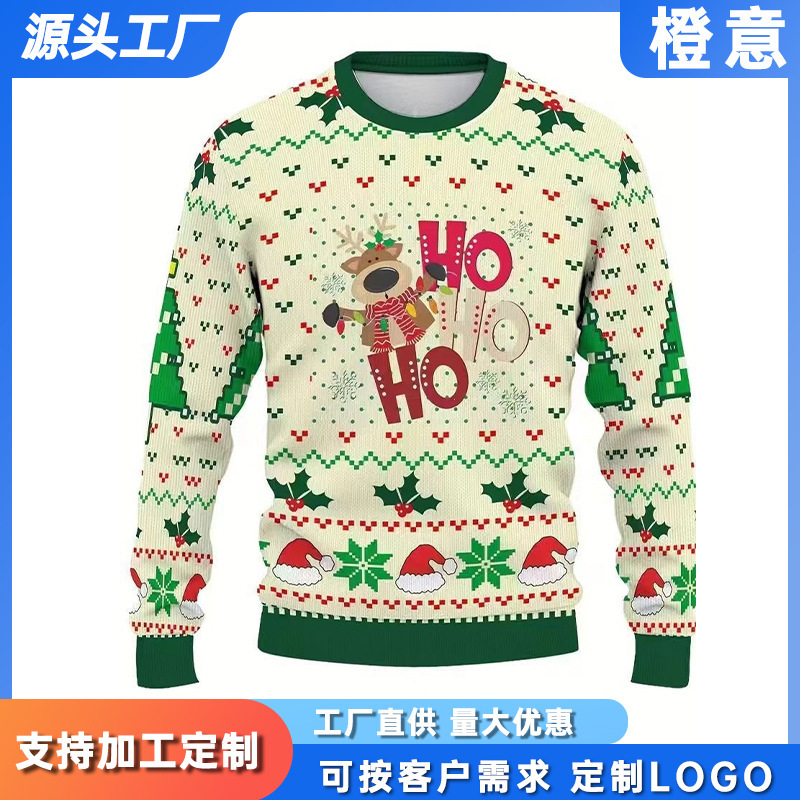 Cross-Border Christmas Hot-Selling Hoho Cartoon Reindeer Print European and American Holiday Party Round-Neck Long-Sleeve Faux Sweater Sweatshirt