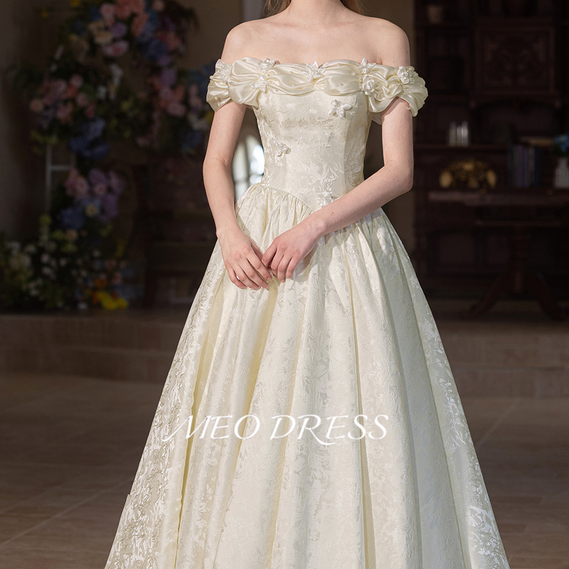 Off-the-shoulder Bridal Wedding Engagement Hepburn-style High-end Printed Satin Fairy-like French White Evening Dress_voghion.com